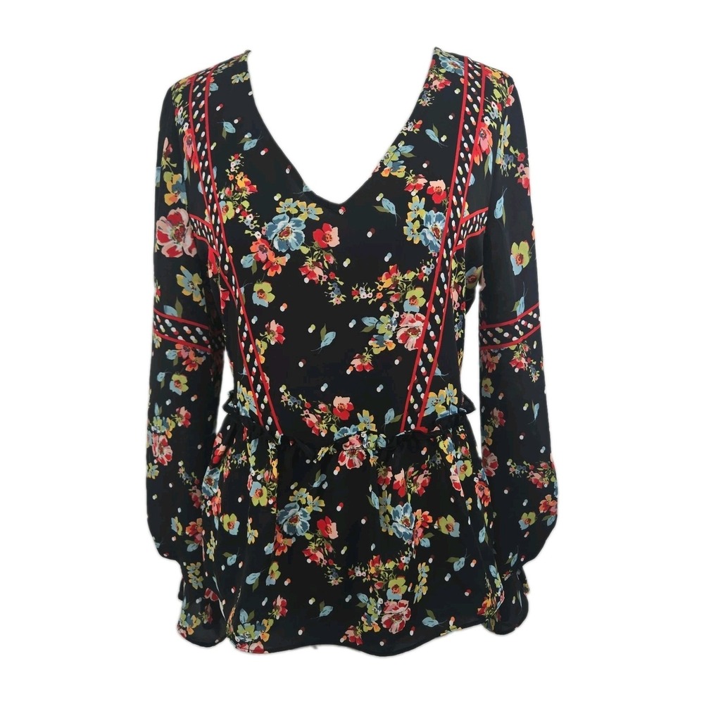 Laundry By Shelli Segal Small Black Floral Long Sleeve V Neck Chiffon Blouse Top